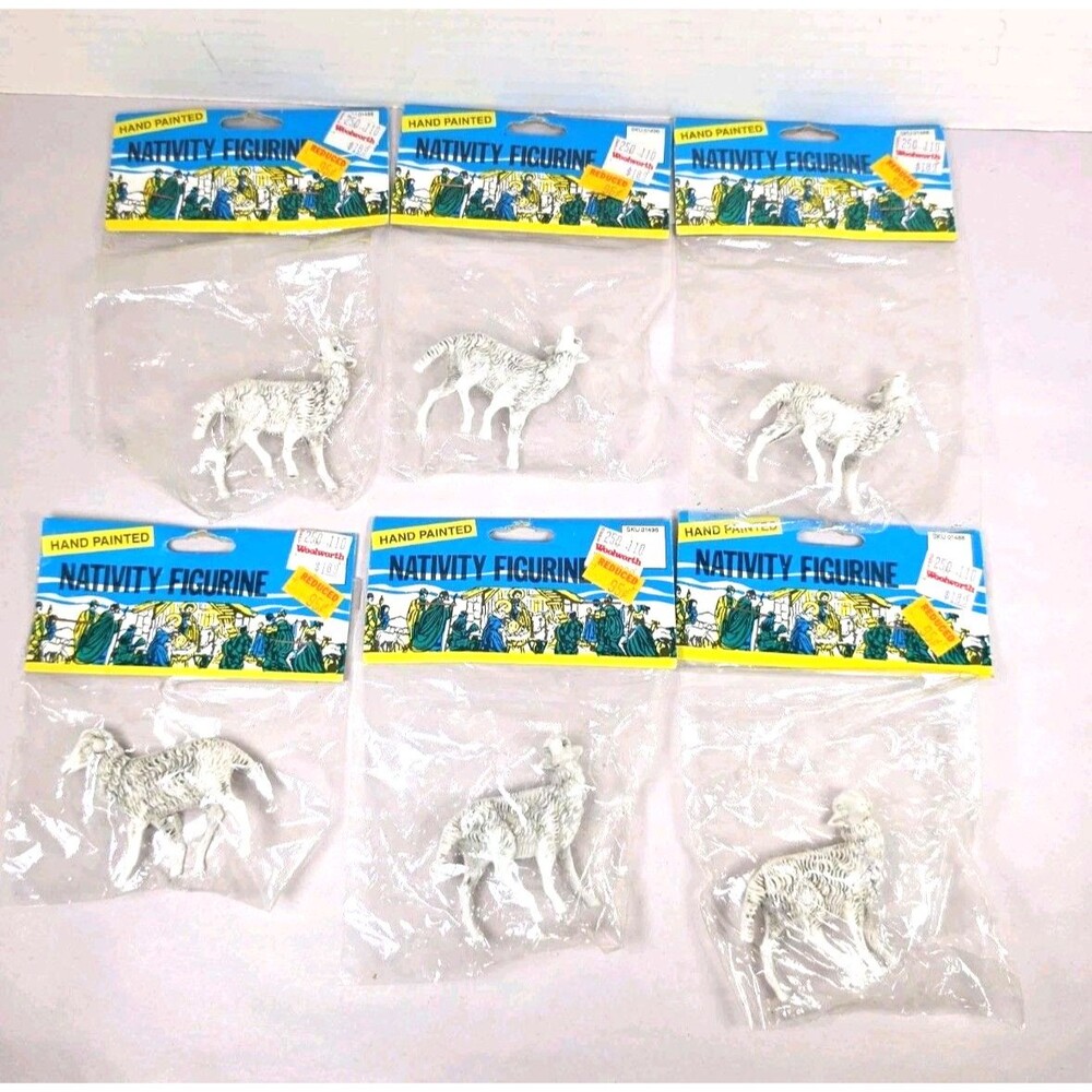 6 Vintage Commodore Hand Painted Nativity Sheep Figures Plastic Made In Italy